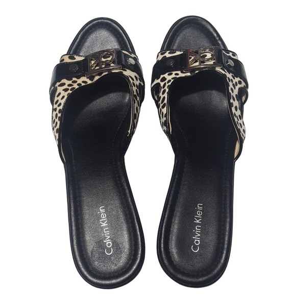 Calvin Klein "Rebah" black white spotted faux calf hair platform cutout wedges - Picture 3 of 8